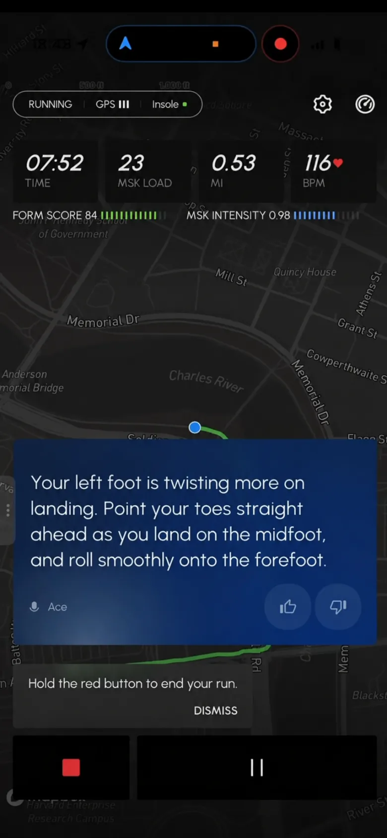 STRIV app: a live run with a real-time coaching cue from Ace