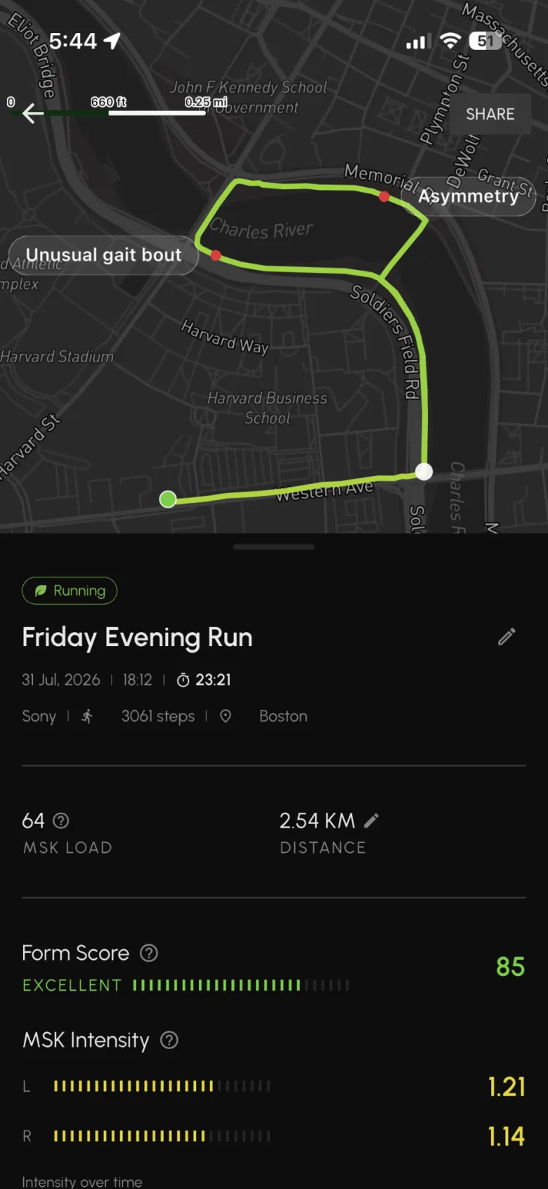 STRIV app: a run summary with form score and musculoskeletal intensity