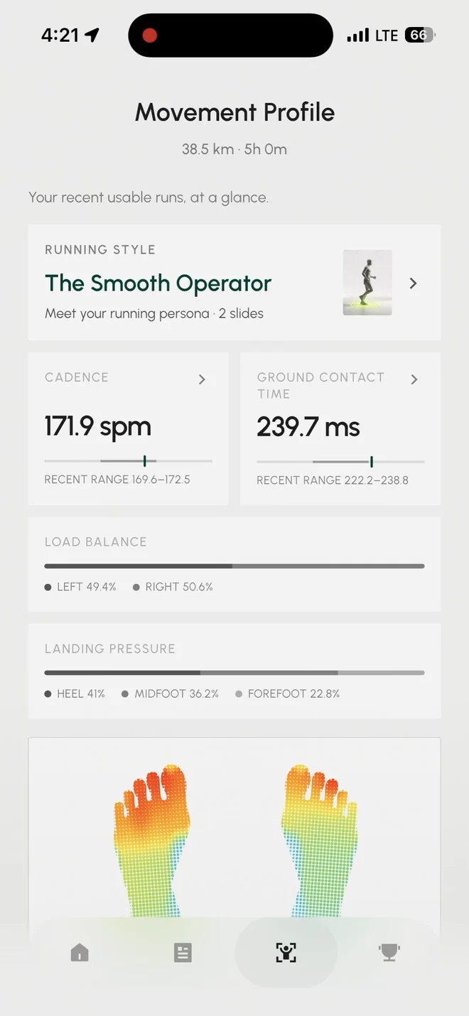 STRIV app Movement Profile showing the runner’s usual cadence, contact time and load balance