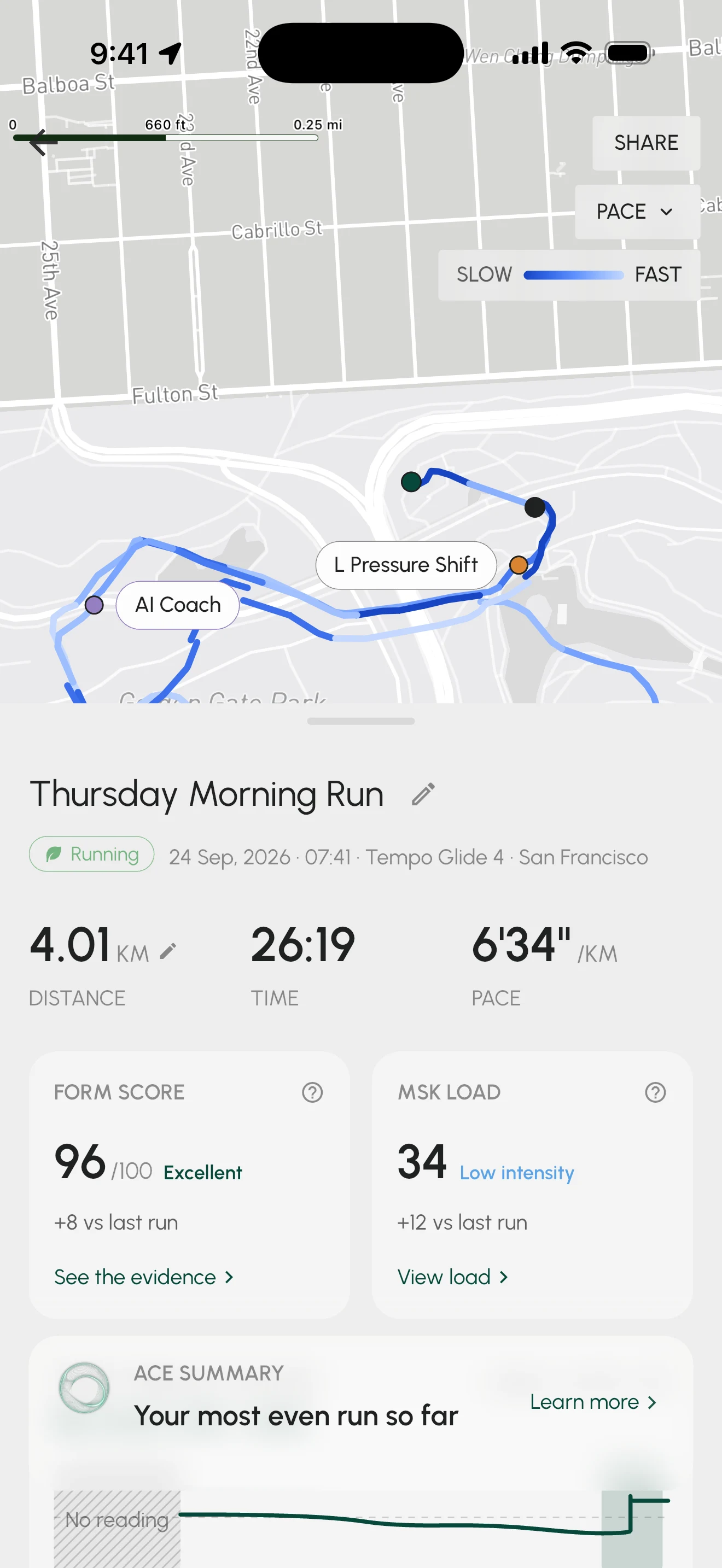 STRIV app run summary with Form Score and MSK Load alongside the route