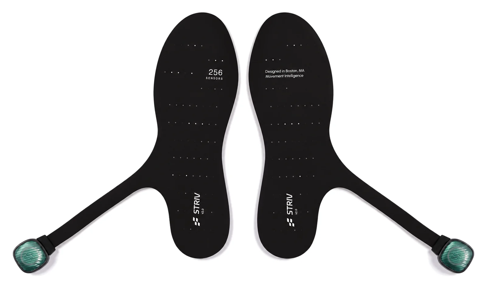 A pair of STRIV sensor insoles, each with its pod