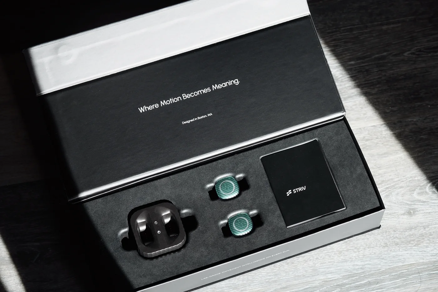 The STRIV box, open, with the two sensor pods inside