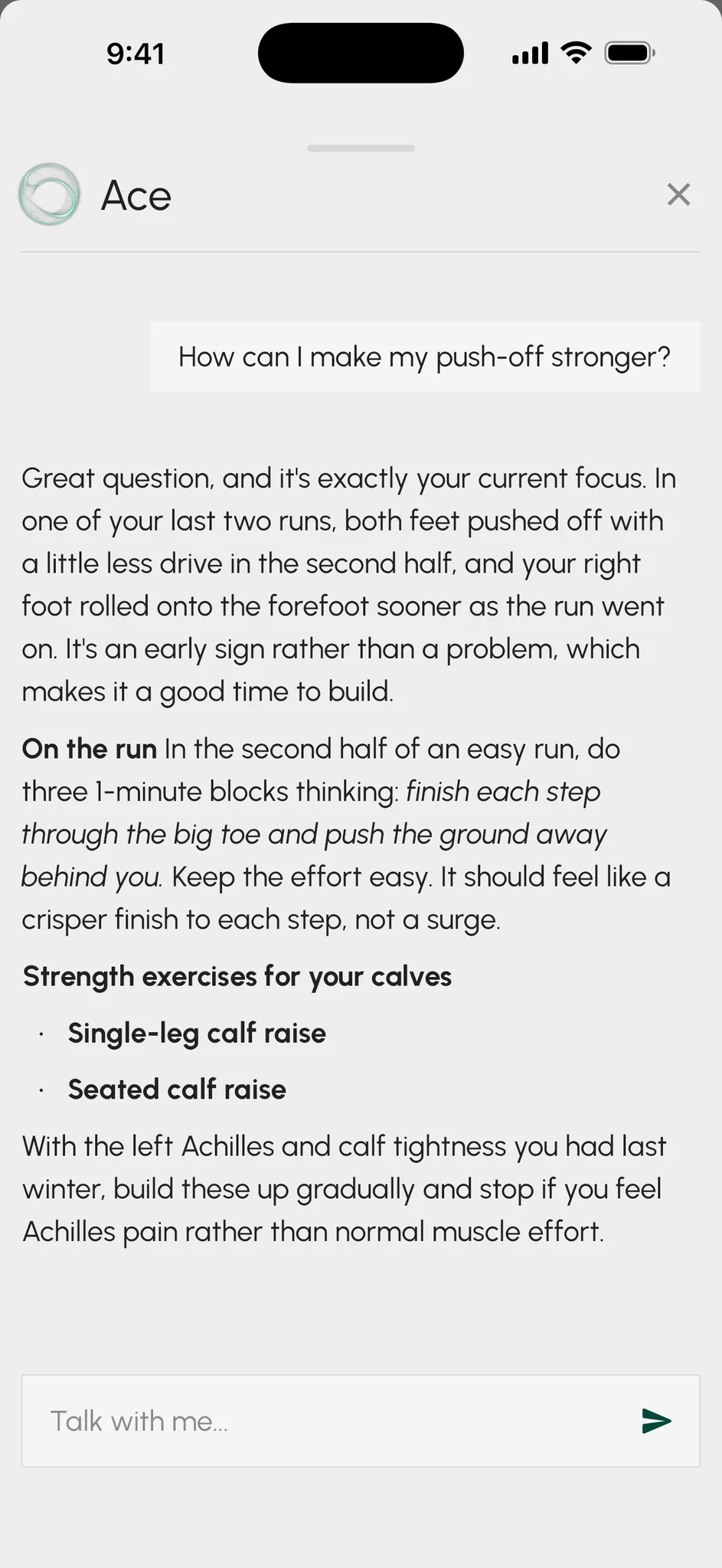 Illustrative Ace conversation about push-off and training focus