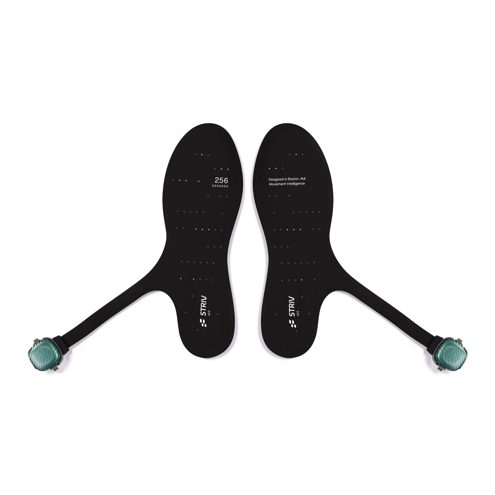 A pair of STRIV pressure-sensing insoles, 128 sensors each, with their sensor pods